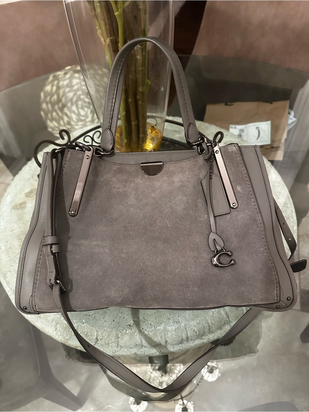 Authentic Coach Gray Suede Leather Satchel with Top Handles and Shoulder Strap - Picture 2 of 16